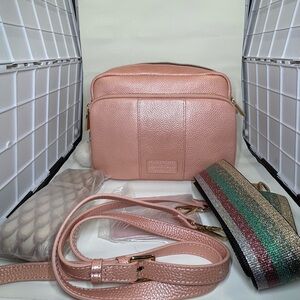 Pom Pom London Original Plus Leather Crossbody Bag w/ Accessories MetallicRoseGl
